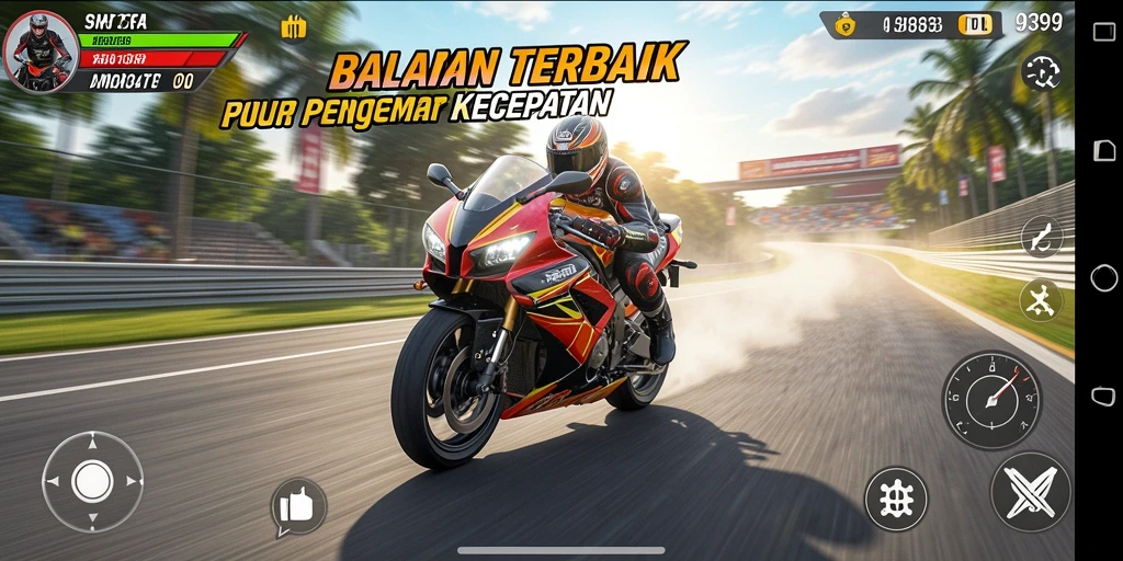 Screenshot gameplay 9399 menampilkan balapan motor yang mendebarkan.