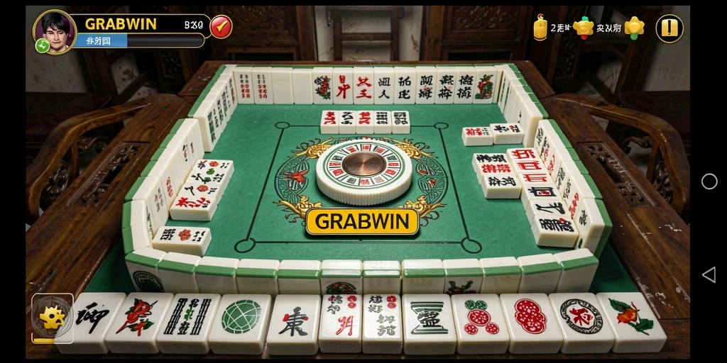 Tangkapan layar utama GRABWIN menampilkan gameplay Mahjong yang menegangkan.
