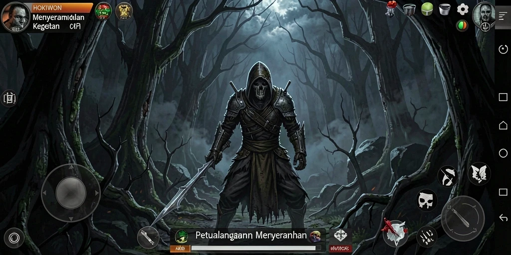 Tampilan gameplay HOKIWON yang mencekam dan penuh misteri.