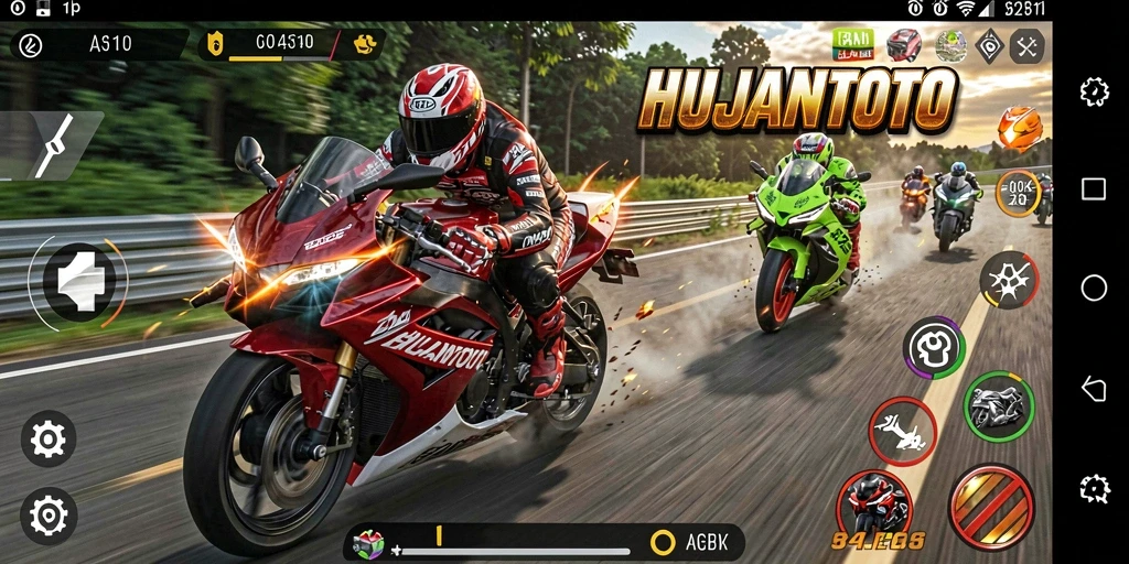 Tangkapan layar menunjukkan aksi balap motor yang mendebarkan dalam HUJANTOTO.