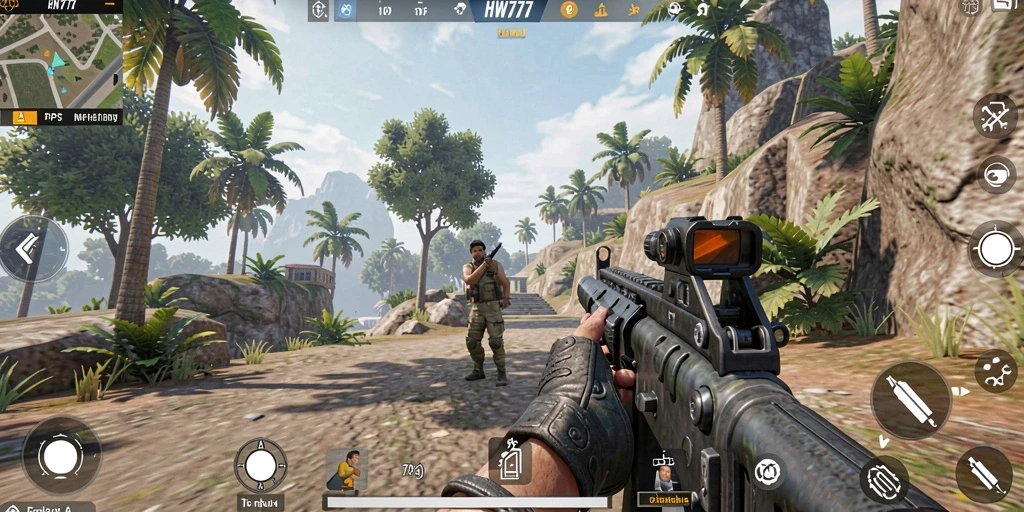 Screenshot HW777 menampilkan aksi pertempuran seru dalam permainan TPS.