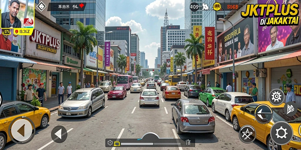 Tampilan gameplay JKTPLUS yang menggambarkan kehidupan sehari-hari di Jakarta.