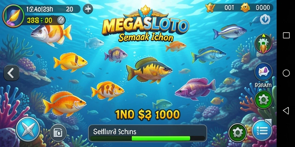 Tampilan gameplay seru dalam MEGASLOTO saat menembak ikan.