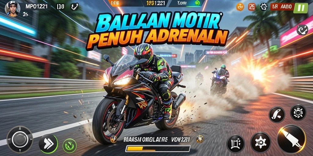 Screenshot gameplay MPO1221 menampilkan balapan motor yang mendebarkan.