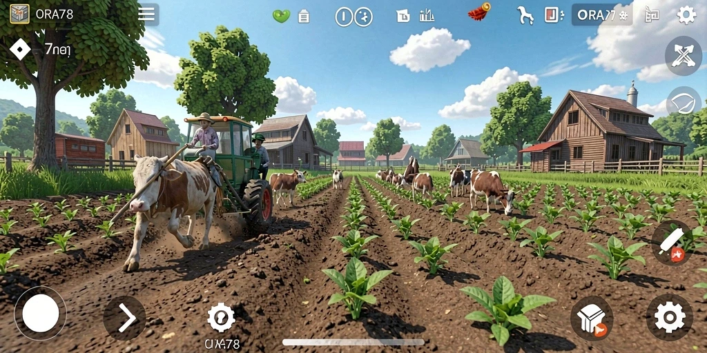 Screenshots gameplay ORA78 menampilkan suasana pertanian yang indah dan interaktif.