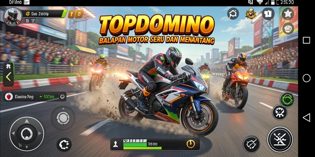 Screenshot gameplay TOPDOMINO dengan aksi balapan motor yang mendebarkan.
